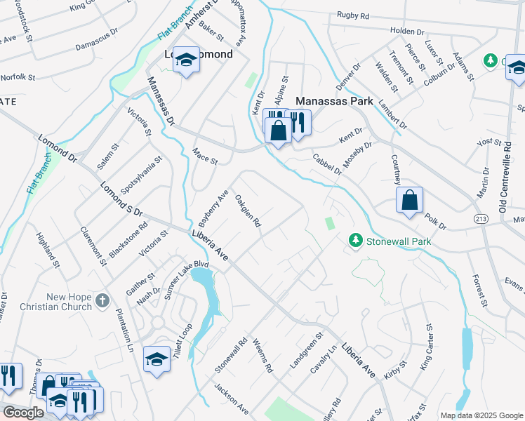 map of restaurants, bars, coffee shops, grocery stores, and more near 9242 Oakglen Court in Manassas