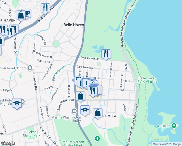 map of restaurants, bars, coffee shops, grocery stores, and more near 6408 14th Street West in Alexandria