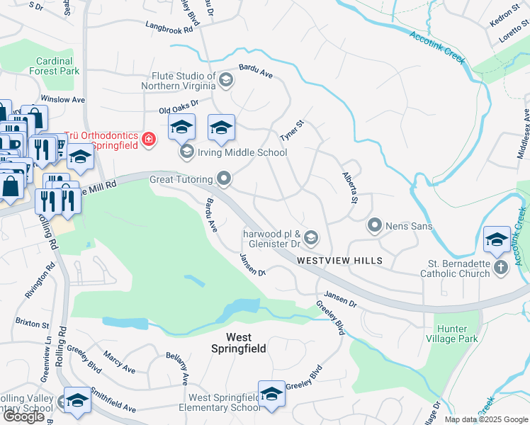 map of restaurants, bars, coffee shops, grocery stores, and more near 7930 Harwood Pl in Springfield