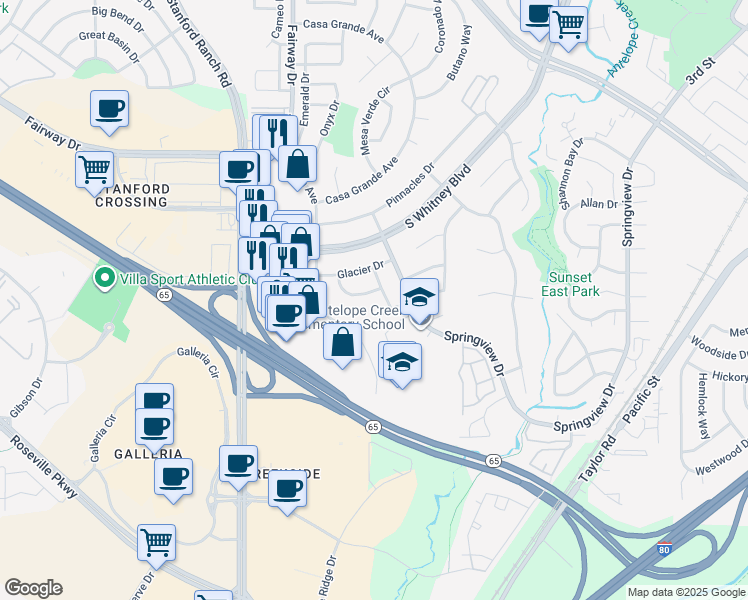 map of restaurants, bars, coffee shops, grocery stores, and more near 2334 Glacier Drive in Rocklin