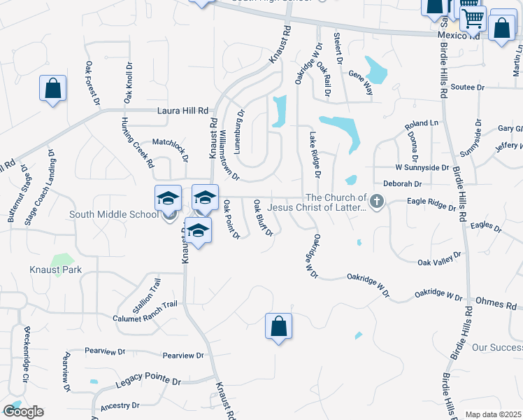 map of restaurants, bars, coffee shops, grocery stores, and more near 5 Oak Bluff Drive in St. Peters