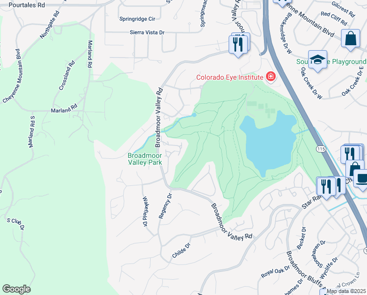 map of restaurants, bars, coffee shops, grocery stores, and more near 340 Blue Windsor Lane in Colorado Springs