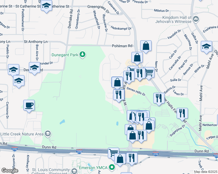 map of restaurants, bars, coffee shops, grocery stores, and more near 1808 Northport Drive in Florissant