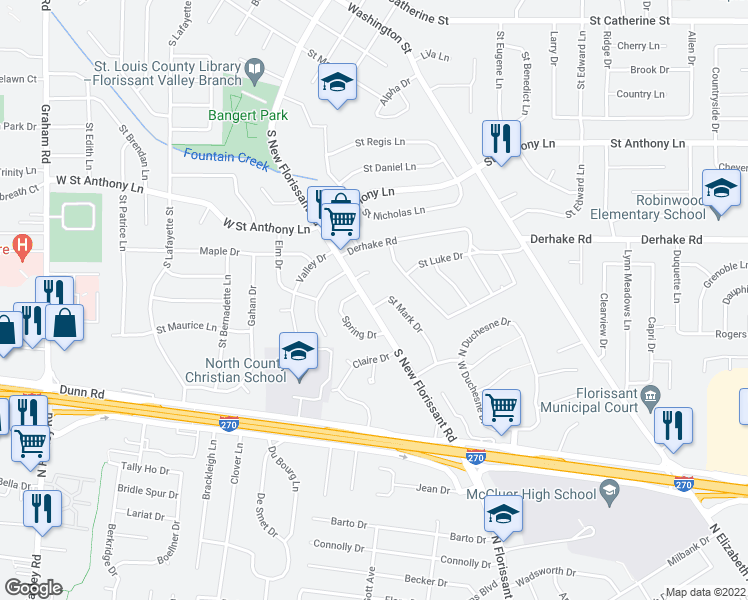 map of restaurants, bars, coffee shops, grocery stores, and more near 8 Saint John Court in Florissant