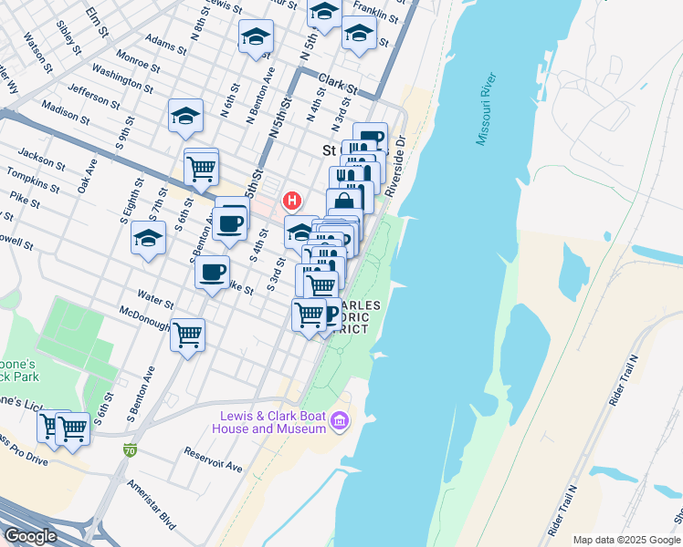 map of restaurants, bars, coffee shops, grocery stores, and more near 115 1st Capitol Drive in Saint Charles
