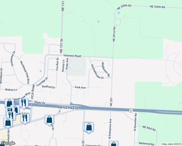 map of restaurants, bars, coffee shops, grocery stores, and more near 1212 Pebblecreek Drive in Warrensburg