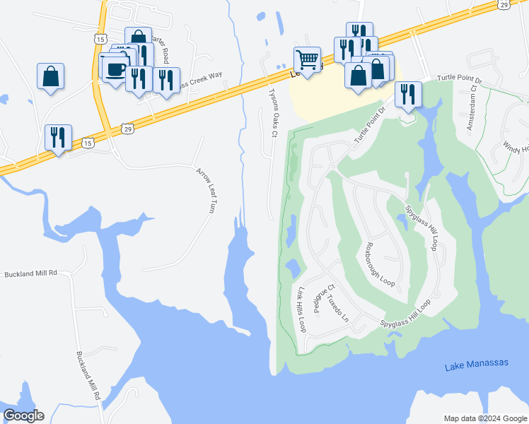 map of restaurants, bars, coffee shops, grocery stores, and more near 8102 Tysons Oaks Court in Gainesville