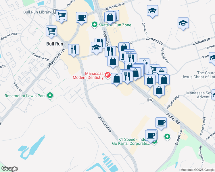 map of restaurants, bars, coffee shops, grocery stores, and more near 10573 Crestwood Drive in Manassas