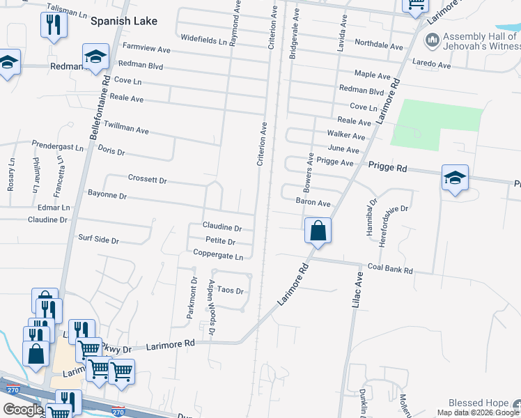 map of restaurants, bars, coffee shops, grocery stores, and more near 11530 Criterion Avenue in St. Louis