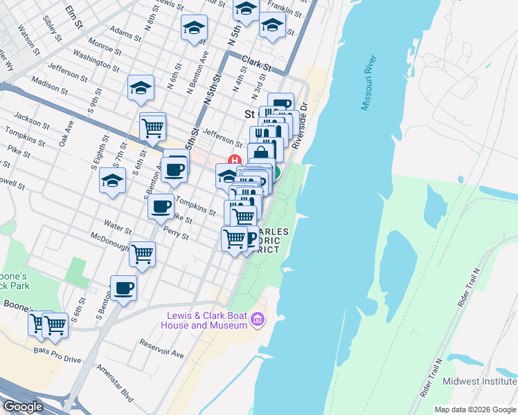 map of restaurants, bars, coffee shops, grocery stores, and more near 336 South Main Street in St. Charles