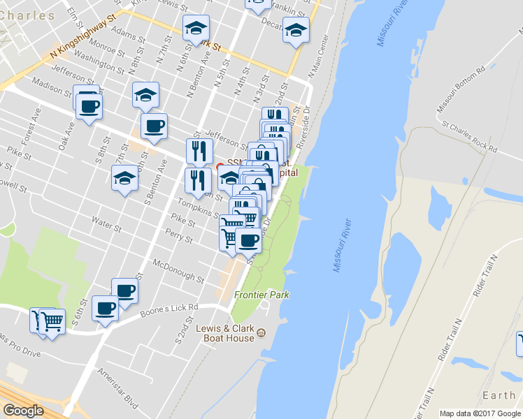 map of restaurants, bars, coffee shops, grocery stores, and more near 336 South Main Street in St. Charles