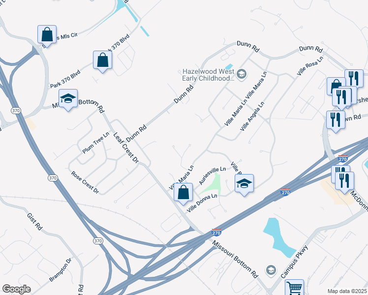 map of restaurants, bars, coffee shops, grocery stores, and more near 5185 Carey Lane in Hazelwood