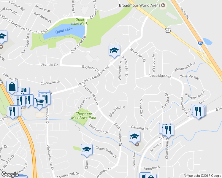 map of restaurants, bars, coffee shops, grocery stores, and more near 3840 Hickory Hill Drive in Colorado Springs