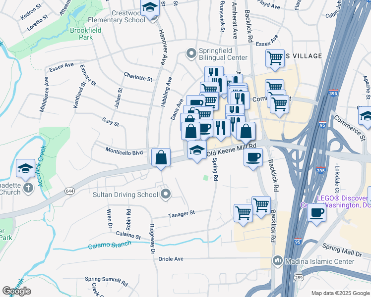 map of restaurants, bars, coffee shops, grocery stores, and more near 7250 Commerce Street in Springfield