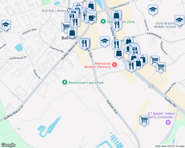 map of restaurants, bars, coffee shops, grocery stores, and more near 10965 Tower Place in Manassas