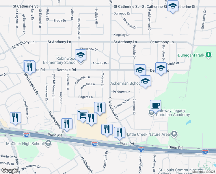 map of restaurants, bars, coffee shops, grocery stores, and more near 1060 South Waterford Drive in Florissant