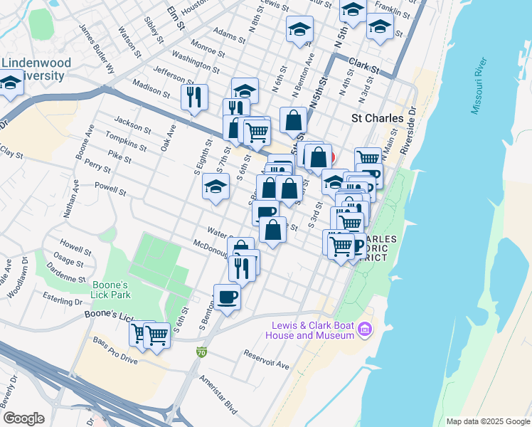 map of restaurants, bars, coffee shops, grocery stores, and more near 523 Tompkins Street in Saint Charles