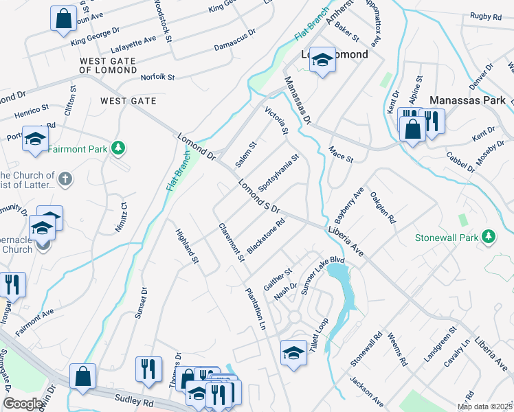 map of restaurants, bars, coffee shops, grocery stores, and more near 8108 Lomond South Drive in Manassas