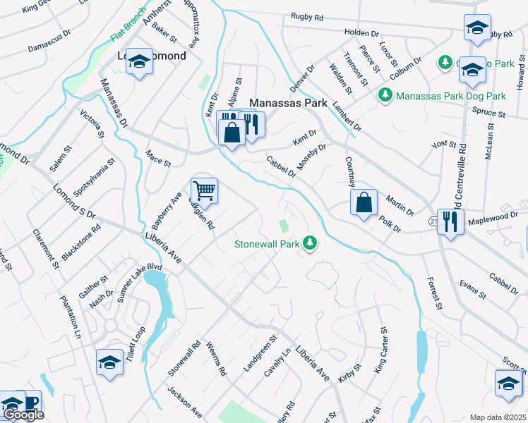 map of restaurants, bars, coffee shops, grocery stores, and more near 9285 Bayberry Avenue in Manassas