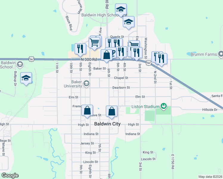 map of restaurants, bars, coffee shops, grocery stores, and more near 400 6th Street in Baldwin City