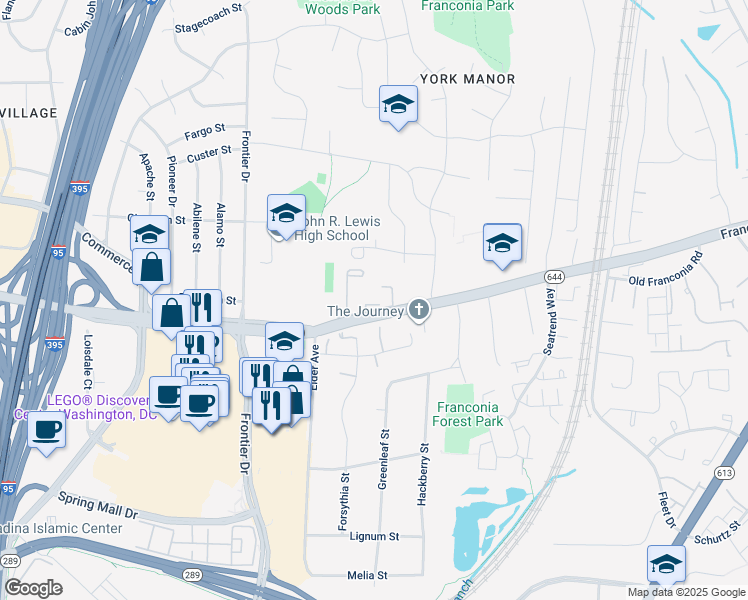 map of restaurants, bars, coffee shops, grocery stores, and more near 6466 Franconia Road in Springfield