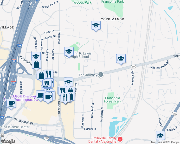 map of restaurants, bars, coffee shops, grocery stores, and more near 6466 Franconia Road in Springfield