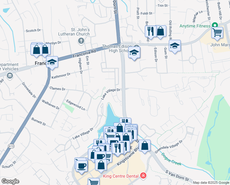 map of restaurants, bars, coffee shops, grocery stores, and more near 6451 Waterfield Road in Alexandria