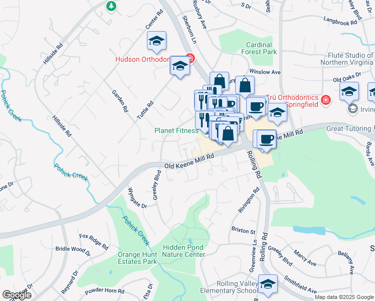 map of restaurants, bars, coffee shops, grocery stores, and more near 6314 Over See Court in Springfield