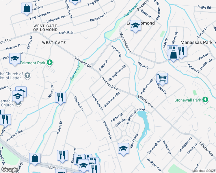 map of restaurants, bars, coffee shops, grocery stores, and more near 8108 Lomond South Drive in Manassas