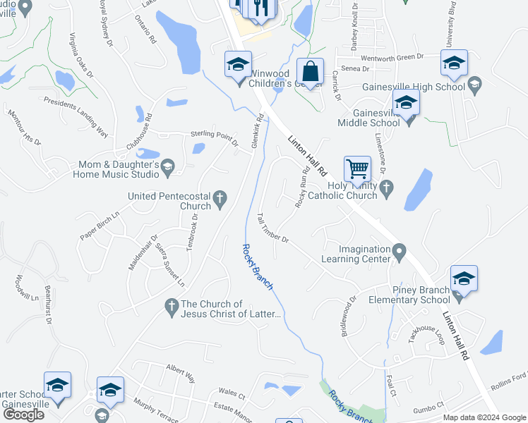 map of restaurants, bars, coffee shops, grocery stores, and more near 8135 Tall Timber Drive in Gainesville