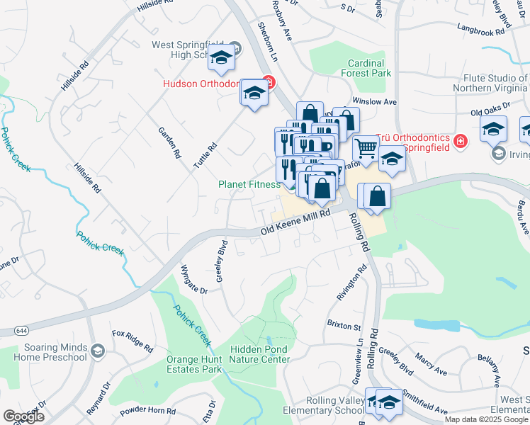 map of restaurants, bars, coffee shops, grocery stores, and more near 6314 Over See Court in West Springfield