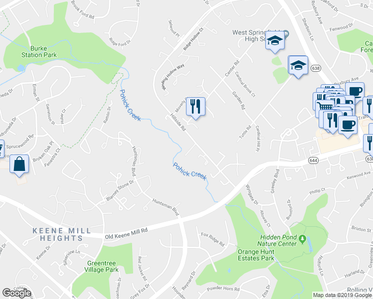 map of restaurants, bars, coffee shops, grocery stores, and more near 8802 Cameo Square in Springfield