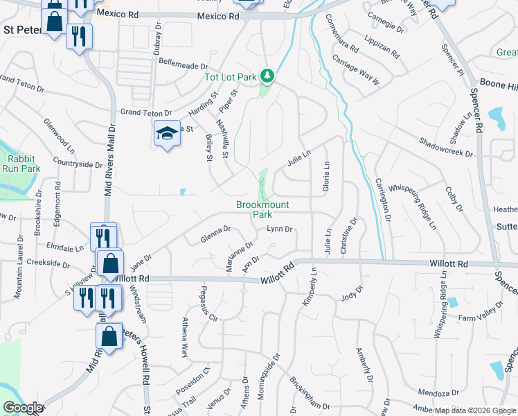 map of restaurants, bars, coffee shops, grocery stores, and more near 1 Julie Lane in St. Peters