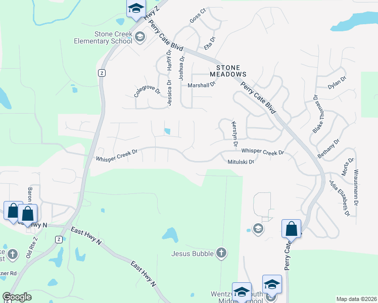 map of restaurants, bars, coffee shops, grocery stores, and more near 804 Whisper Creek Court in Wentzville