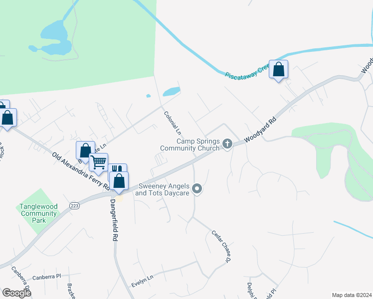 map of restaurants, bars, coffee shops, grocery stores, and more near 8115 Woodyard Road in Clinton