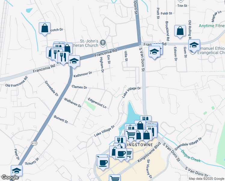 map of restaurants, bars, coffee shops, grocery stores, and more near 5950 Clapton Court in Franconia