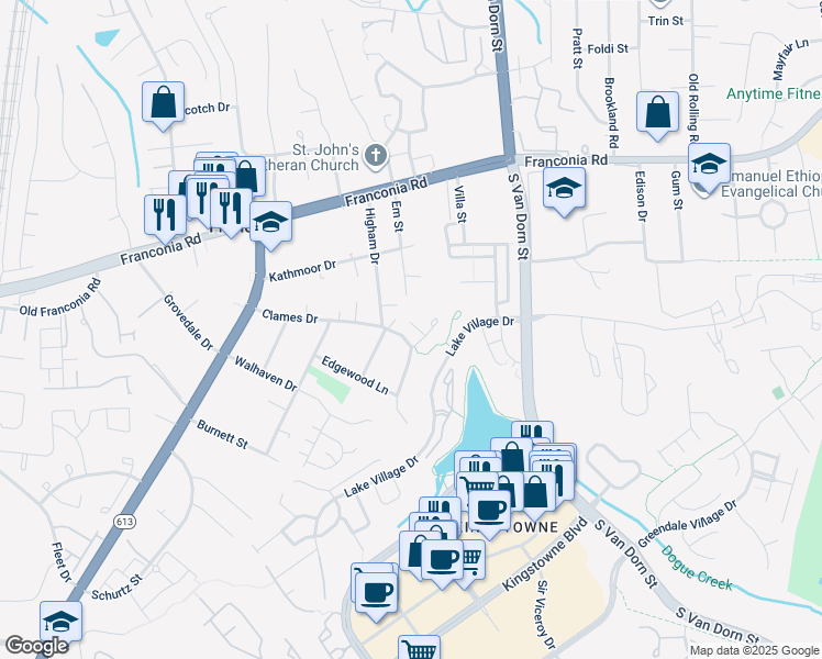 map of restaurants, bars, coffee shops, grocery stores, and more near 5950 Clapton Court in Franconia