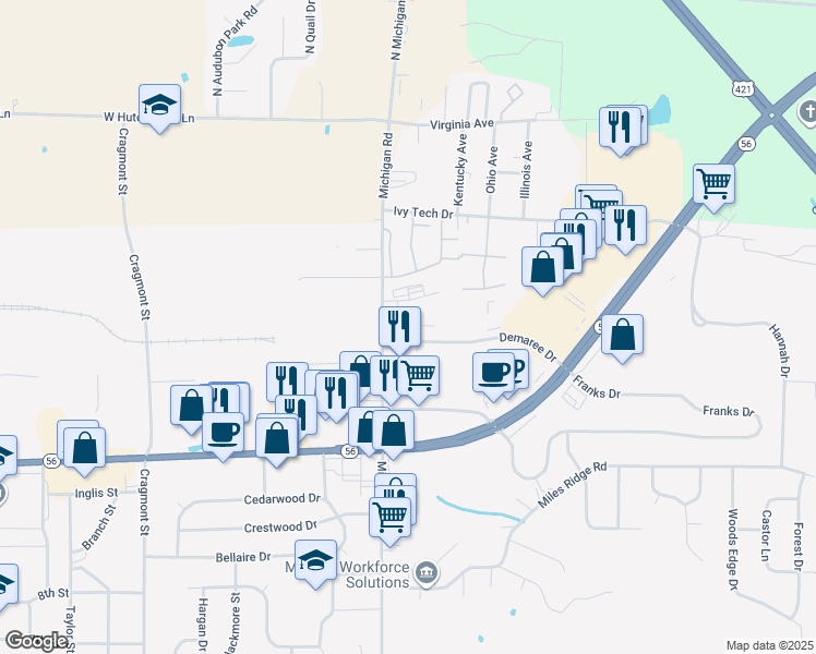 map of restaurants, bars, coffee shops, grocery stores, and more near 110 Holt Drive in Madison