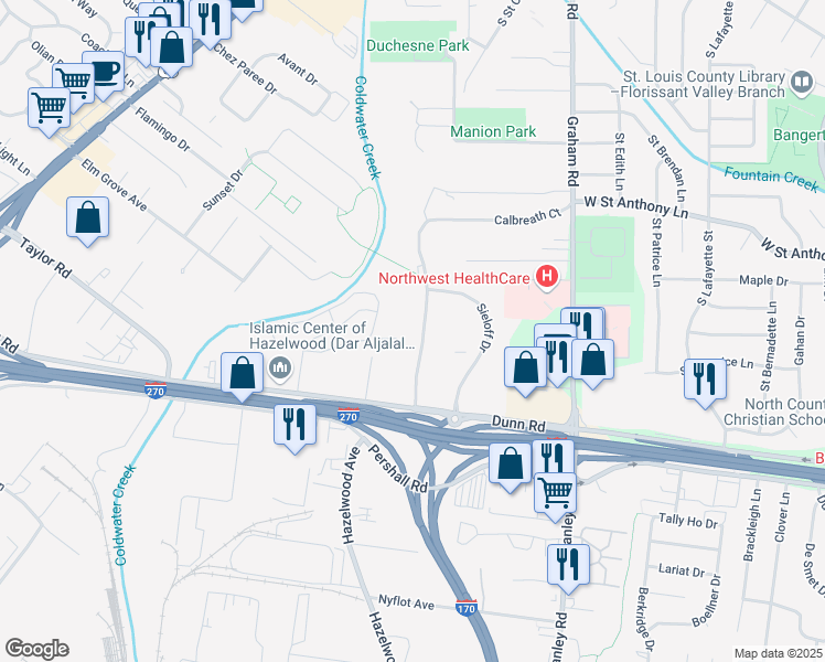 map of restaurants, bars, coffee shops, grocery stores, and more near 7483 Hazelcrest Drive in Hazelwood