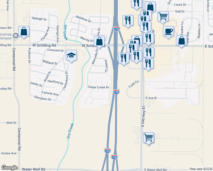 map of restaurants, bars, coffee shops, grocery stores, and more near 705 Huehl Circle in Salina