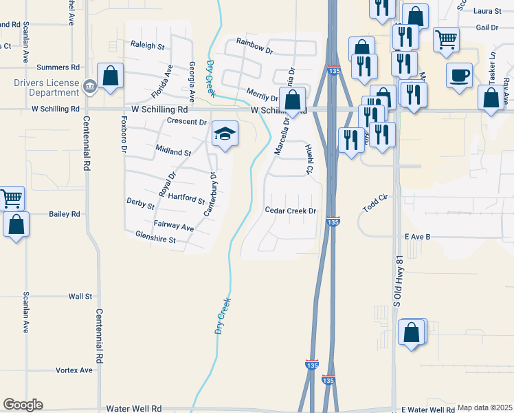 map of restaurants, bars, coffee shops, grocery stores, and more near 3305 Marcella Drive in Salina