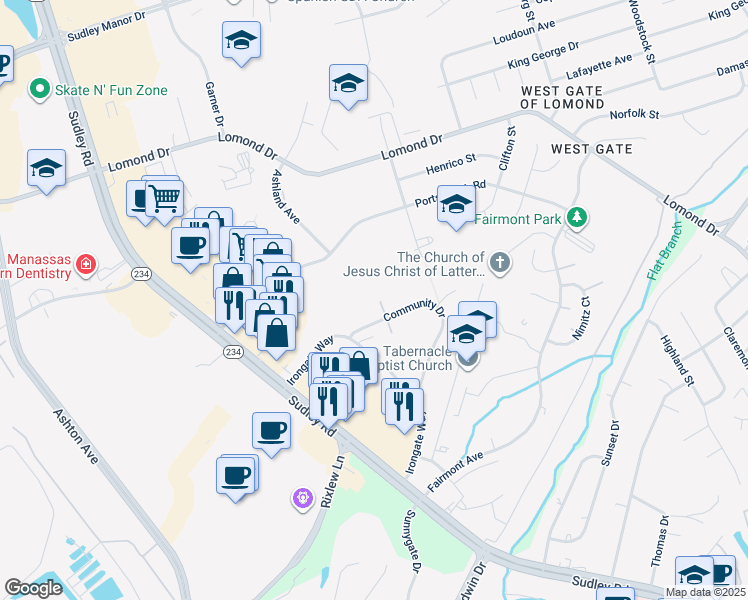 map of restaurants, bars, coffee shops, grocery stores, and more near 7885 Meadow Court in Manassas