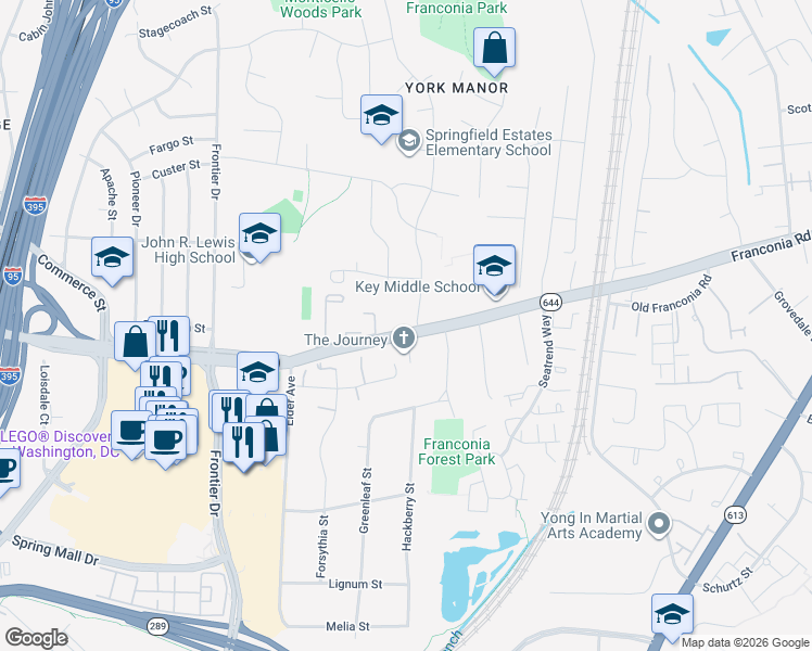 map of restaurants, bars, coffee shops, grocery stores, and more near 6430 Franconia Road in Springfield
