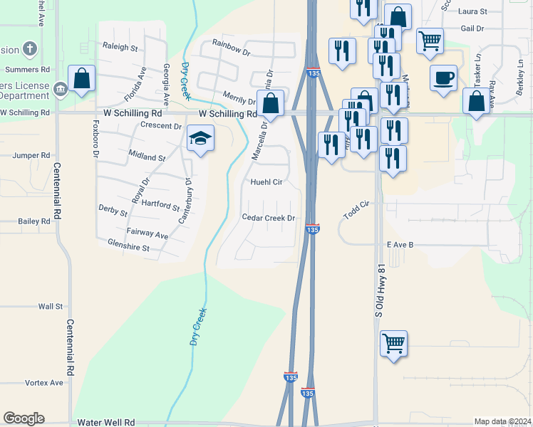 map of restaurants, bars, coffee shops, grocery stores, and more near 3206 White Tail Way in Salina