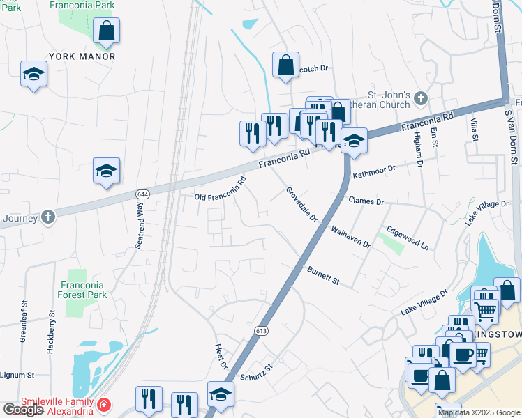 map of restaurants, bars, coffee shops, grocery stores, and more near 6114 Franconia Commons Court in Alexandria