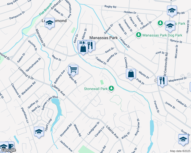 map of restaurants, bars, coffee shops, grocery stores, and more near 9285 Bayberry Avenue in Manassas