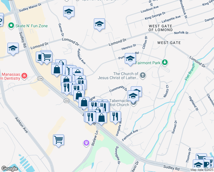 map of restaurants, bars, coffee shops, grocery stores, and more near 7885 Meadow Court in Manassas