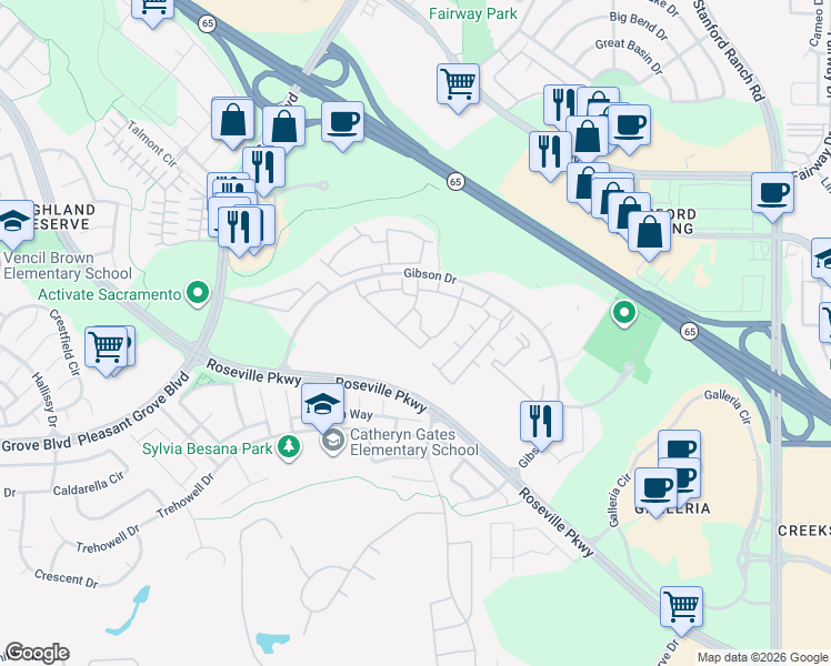 map of restaurants, bars, coffee shops, grocery stores, and more near 701 Gibson Drive in Roseville