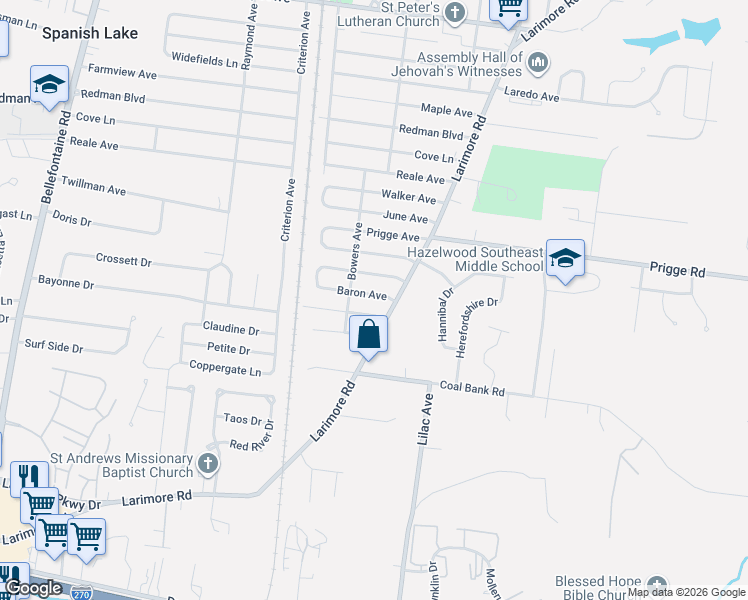map of restaurants, bars, coffee shops, grocery stores, and more near 1134 Congress Avenue in St. Louis