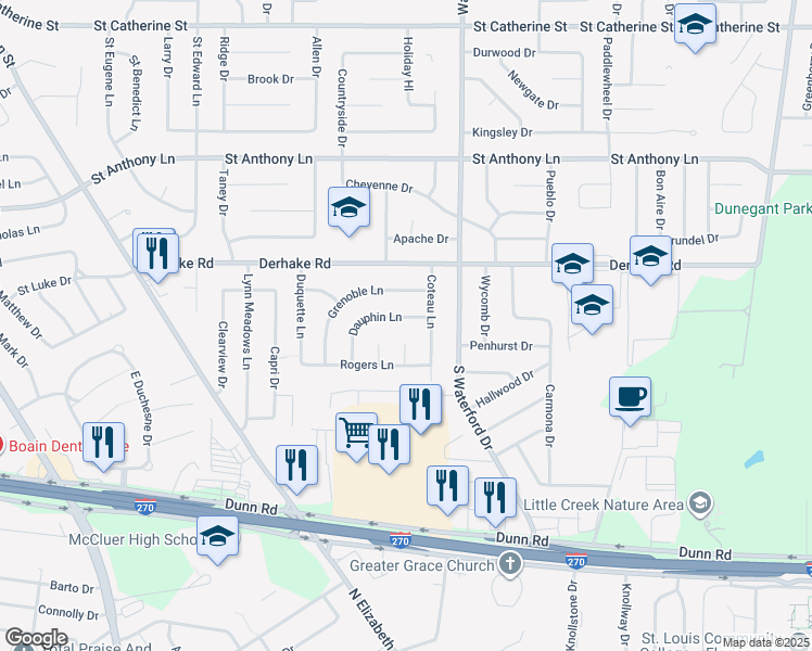 map of restaurants, bars, coffee shops, grocery stores, and more near 1060 Dauphin Lane in Florissant
